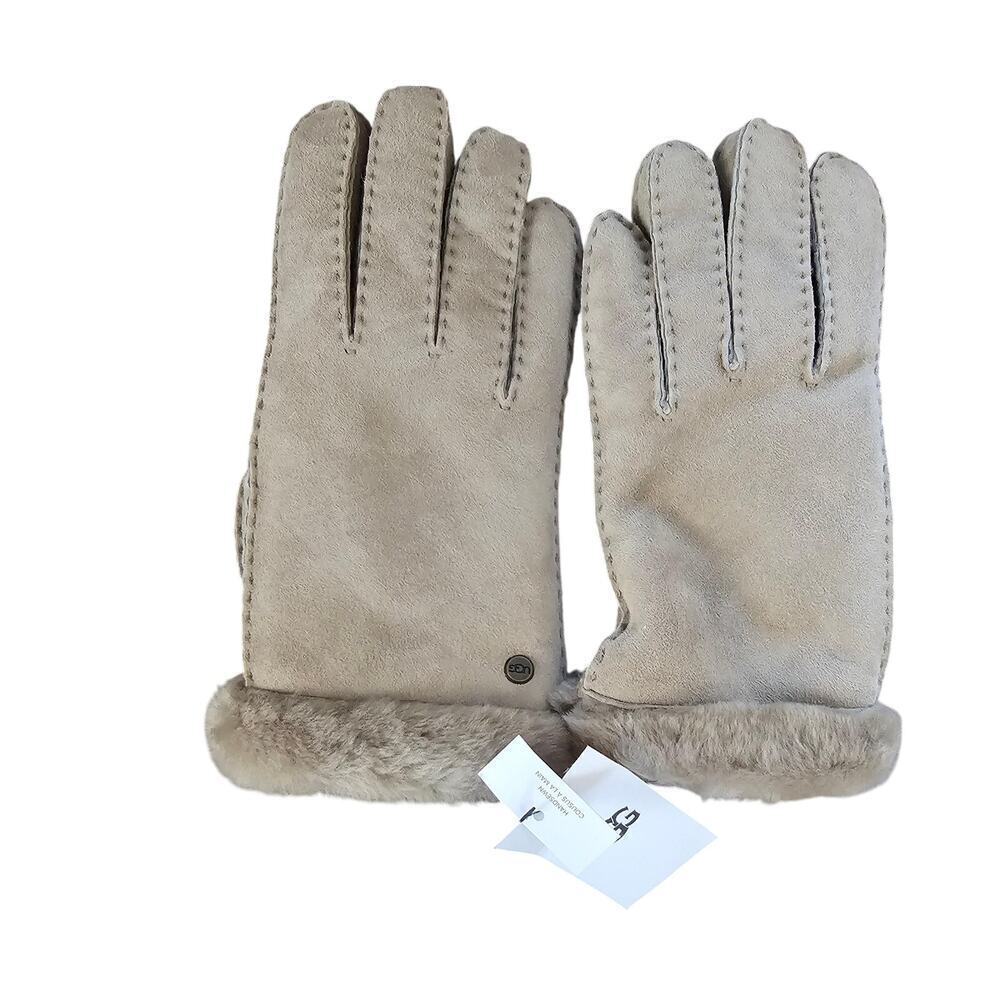 UGG Women's Beige Leather Genuine Dyed Shearling Slim Side Vent Gloves Size L